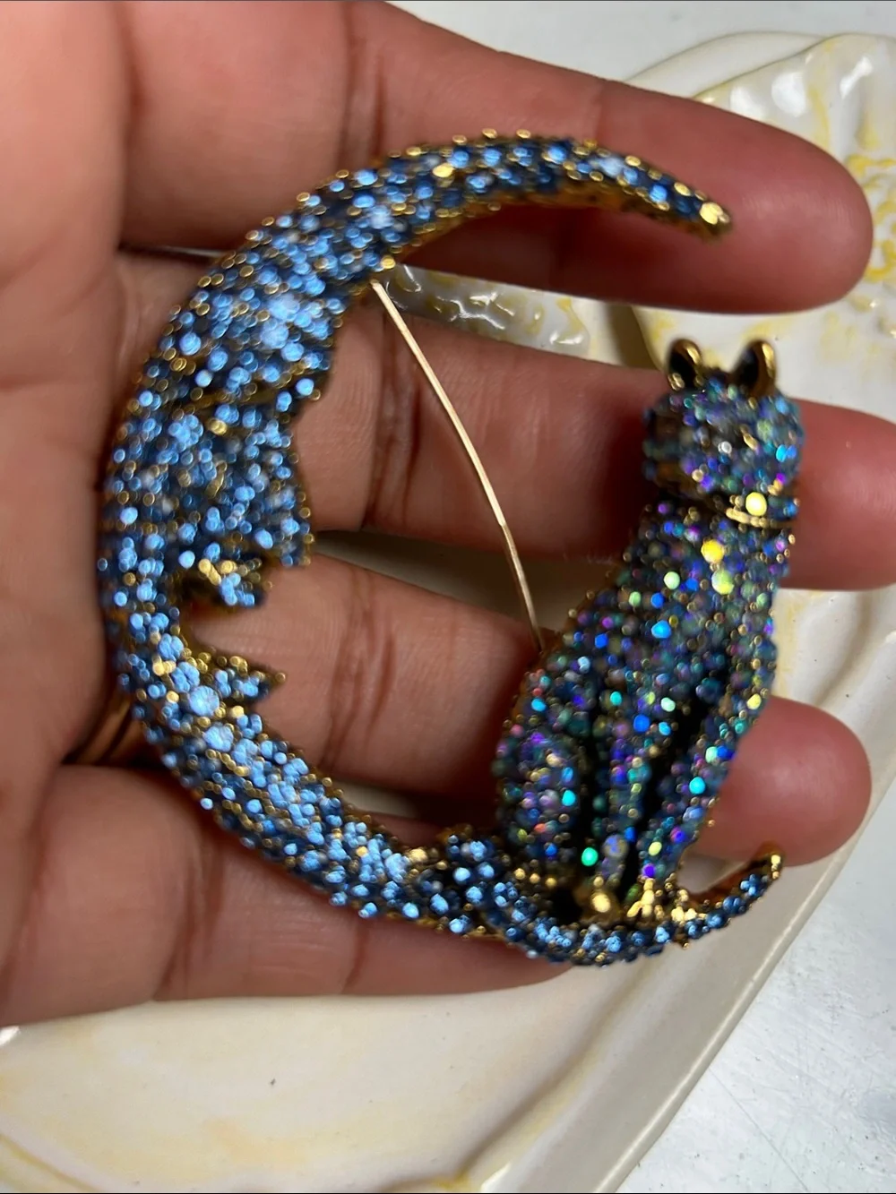 Blue Crystal Cat Moon Brooch